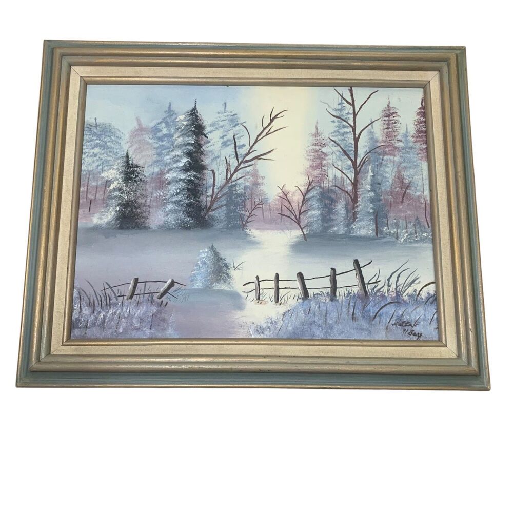 Vintage Original Winter Landscape Painting Framed Snowy Forest Scene Signed